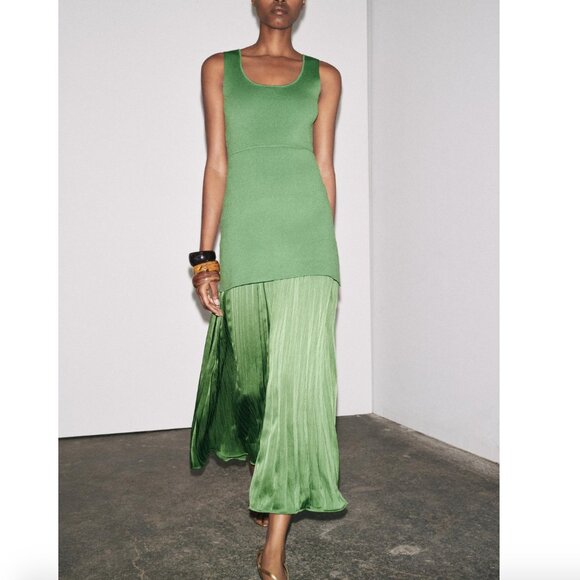 Zara Dresses & Skirts - ZARA GREEN PLEATED KNIT COMBINATION DRESS